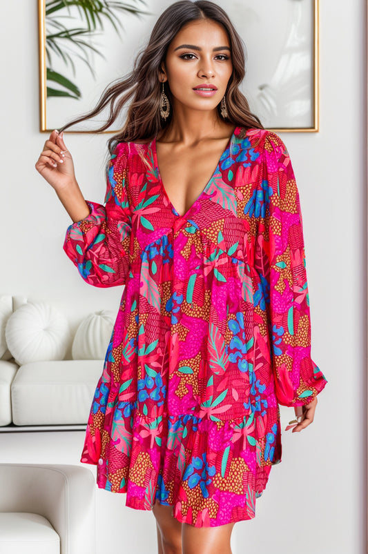 Tropical Balloon Sleeve Mini Dress