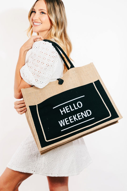 Hello Weekend Burlap Tote