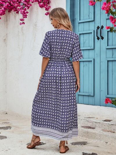 Boho Slit Printed V-Neck Half Sleeve Dress